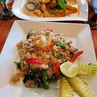 Green curry fried rice and Panang Salmon Curry