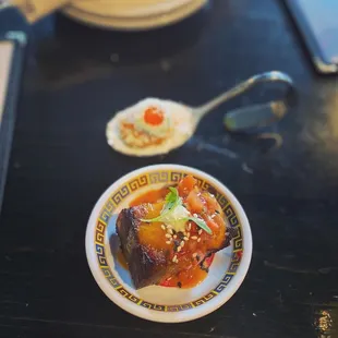 Pork belly. To die for. The plate in the back is the bacon and egg bite.