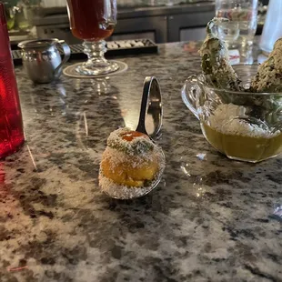 Amusements - egg and bacon and shishito pepper