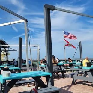 Outdoor bar area looking north with the lifeguard shack in the back.