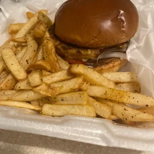 Veggie burger and delicious fries