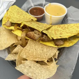 Yummy chicken quesadilla with chips &amp; queso. March 2024.