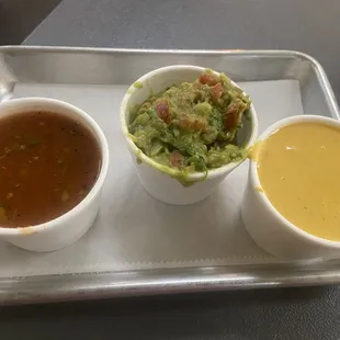 Salsa, queso and guacamole