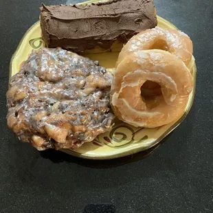 Apple fritters and glaze donuts, long johns