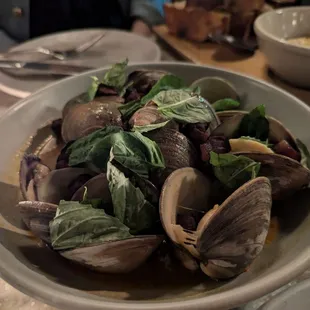 Counterneck Clams with Guanciale, Calabrian Chili, Garlic, and Basil