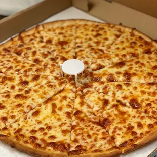 a cheese pizza in a box