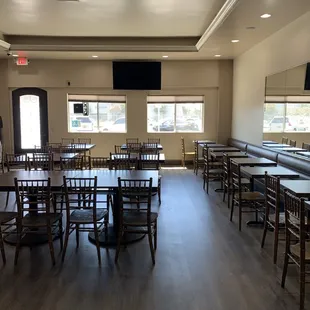 empty tables and chairs in a restaurant