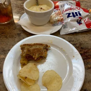 Potato bacon cheddar soup, corn beef Swiss on rye with mustard