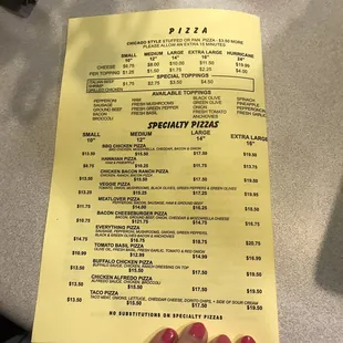 a menu for pizza