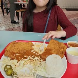I ordered the king pork cutlet and it was  it comes with 3 pork cutlet peices and 1salad , 1 potato salad, and steam rice