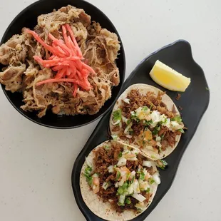 Beef bowl (small) &amp; 2 tacos from the Tuesday special that came with the Tonkotsu Ramen