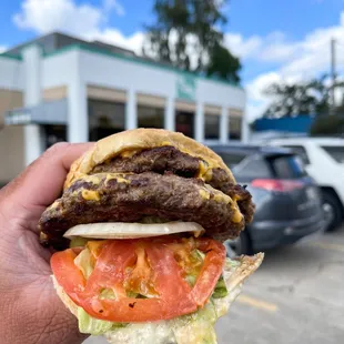 a hand holding a hamburger