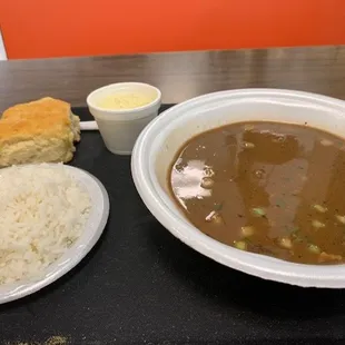 Chicken &amp; Sausage Gumbo with Potato salad and a biscuit. Perfect.