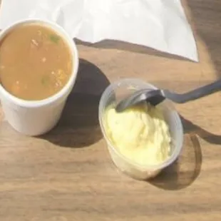 Warm gumbo &amp; chilled potato salad