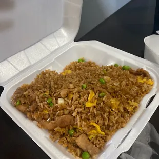 chicken fried rice in a styrofoam container