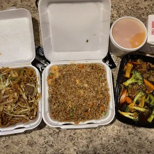 Lo Mein Combo, shrimp fried rice , Broccoli and beef and Egg Drop Soup