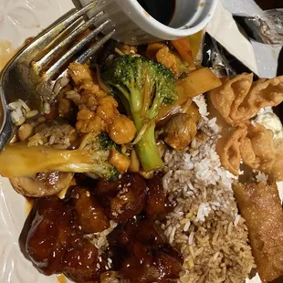 Sesame chicken, broccoli chicken, steamed and fried rice, crab Rangoon and egg rolls. "Mother... the rangoon Mother."