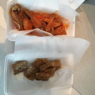 Hot wings and cheese raviolis.