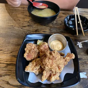Kara age appetizer with house special miso soup