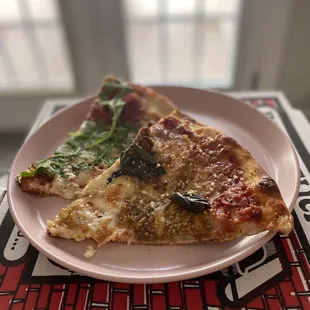 Eggplant carmelized onion pizza and prosciutto &amp; basil pizza