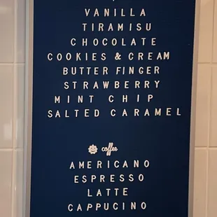 Gelato and coffee menu