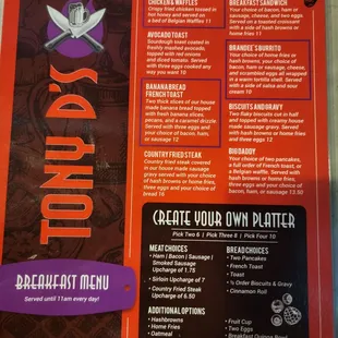 the menu for the restaurant