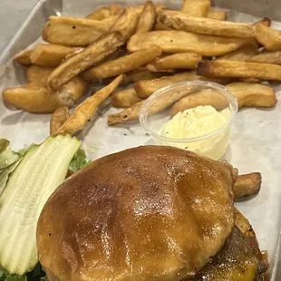 Bourbon bbq bacon cheeseburger and fries.