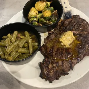 Ribeye steak, fire roasted Brussel sprouts, green beans.