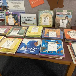Librarian groups the books by theme for grab and go