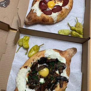 Mushroom &amp; Garlic (bottom) Soujouk Khachapuri (top)