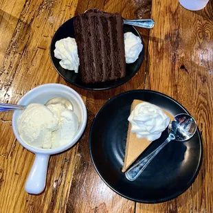 a slice of chocolate cake and ice cream