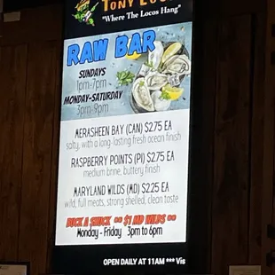 Their raw-bar food menu as of Jan 2025
