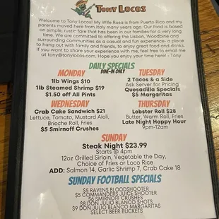 Some of their food specials as of Jan 2025