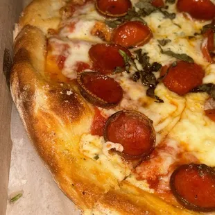 B.Y.O Pizza: Pepperoni cups, Basil, Hot Honey and Ricotta