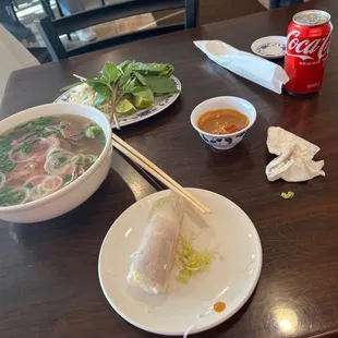 Number 1A. Spring Rolls with Shrimp and Pork ( 2 Rolls) and a number 13. Rare Steak, Tendon and Tripe Soup