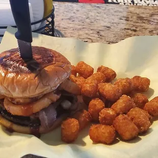 Loven's BBQ bacon burger with tots 15 bucks