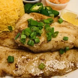 Grilled Chilean Seabass Meal with Java Rice, Soup, Pickled Papaya and Sauce
