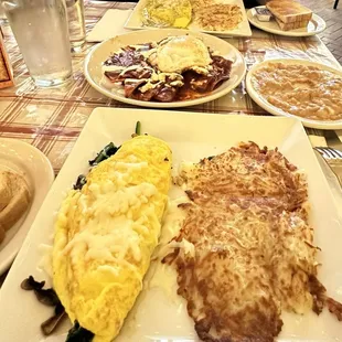 Chile Verde Omelette w Hashbrown + Sourdough Toast, Chilaquiles w Red Sauce + Beans + Rice, Popeye Omelette w Hashbrowns + Sourdough Toast