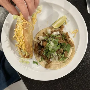Deep fried chicken taco and Carne Asada Street taco