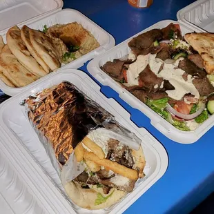 Gyro sandwich, gyro salad, and pita with hummus. All were super delicious!