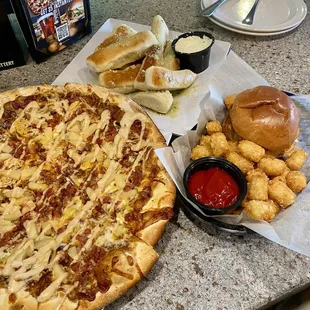 Aloha BBQ Chicken Pizza + Sacco's Sticks + Fried Chicken Sandwich w/ Tater Tots