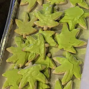 a tray of decorated cookies