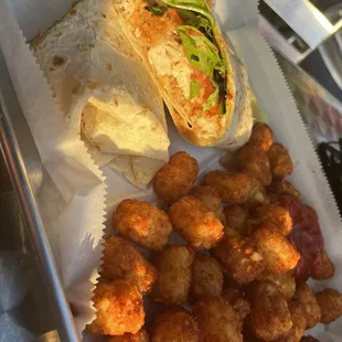 Buffalo Chicken Wrap and Tater Tots