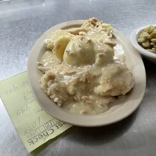 Cream Chicken over biscuits, with a choice of two country side dishes and a dinner roll $11.95