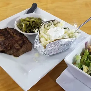 12oz sirloin,  baked potato, green beans.