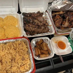 Rice, chicken skewers, bbq chicken, lumpia