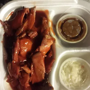 Shoulder dinner with mild sauce, slaw &amp; baked beans. All meat, no bone! Delish!