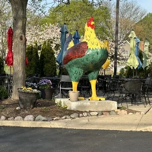 Outside by umbrella tables.