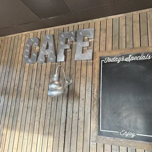 One wall inside restaurant.