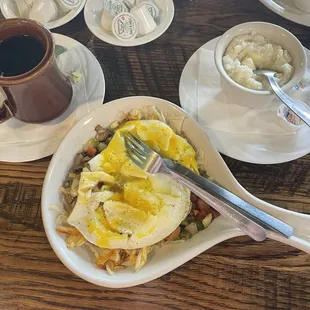 Veggie Skillet with grits and of course coffee.